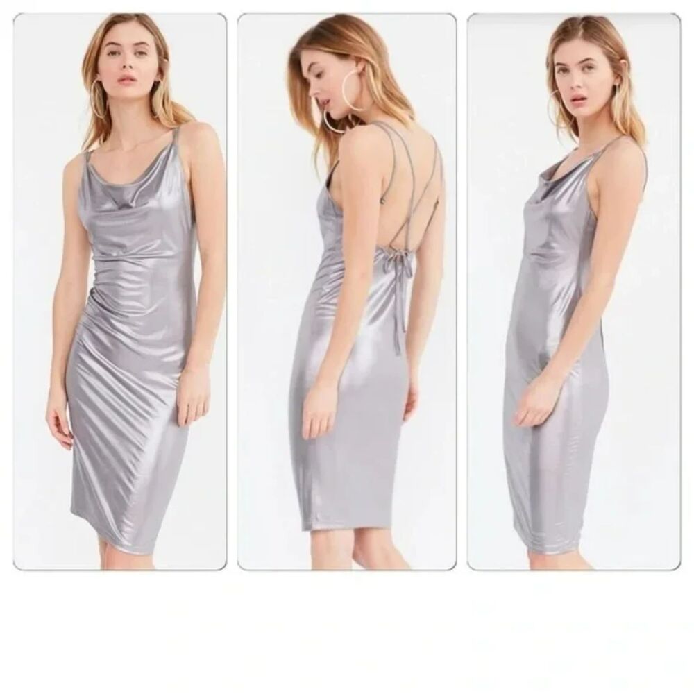 Rare London Dress Women's XS Silver Liquid Metallic Strappy Back Club Going Out